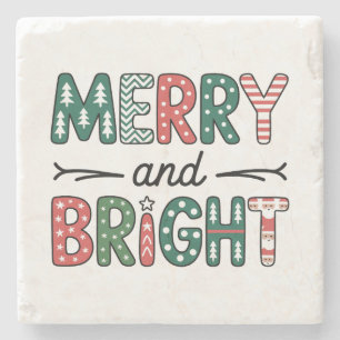 Merry And Bright Christmas Family Xmas Holiday Stone Coaster