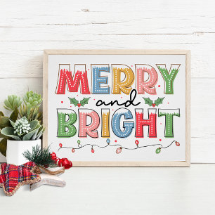 Merry And Bright Christmas Festive Typography Poster