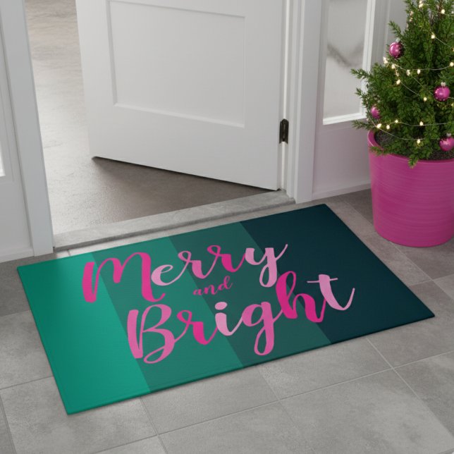Merry and Bright Christmas Green Pink Doormat (Creator Uploaded)