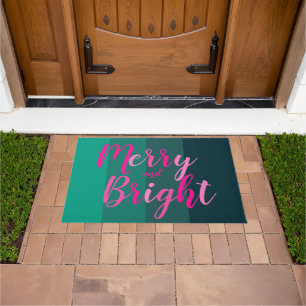Merry and Bright Christmas Green Pink Doormat