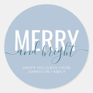 Merry and bright Christmas holiday dusty blue Classic Round Sticker