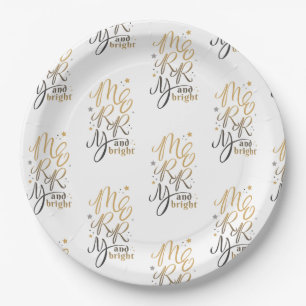 Merry and Bright Christmas Holiday Gold Script Paper Plate