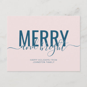 Merry and bright Christmas holiday pink blue Postcard