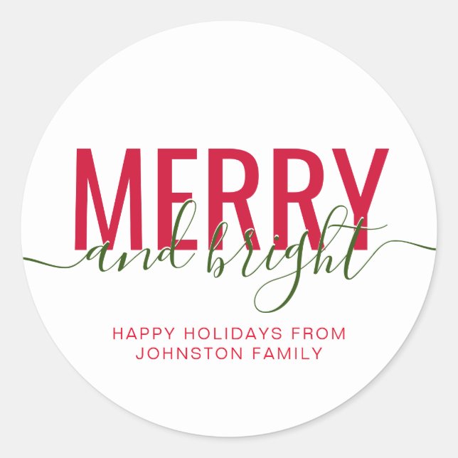 Merry and bright Christmas holiday white Classic Round Sticker (Front)