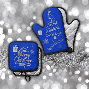 Merry and Bright Christmas in Silver and Blue   Oven Mitt & Pot Holder Set
