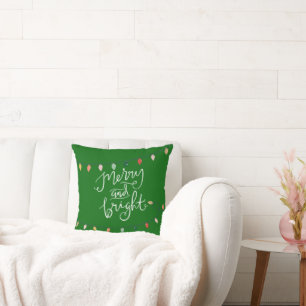 Merry and Bright Christmas Lights Green Cushion