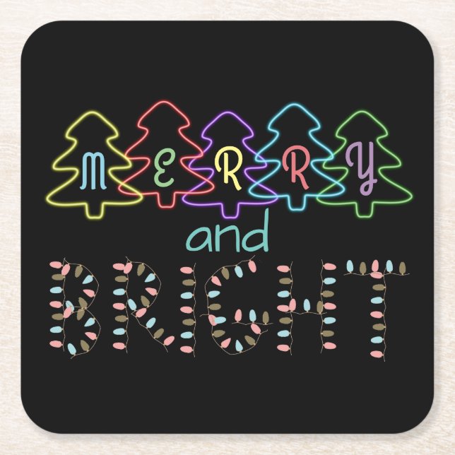 Merry and Bright Christmas Lights Square Paper Coaster (Front)