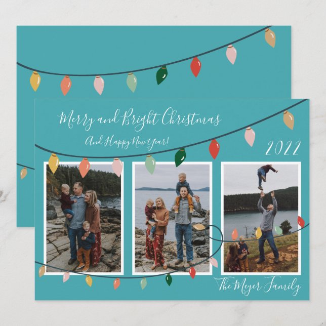 Merry and Bright Christmas Lights Turquoise Photo Holiday Card (Front/Back)
