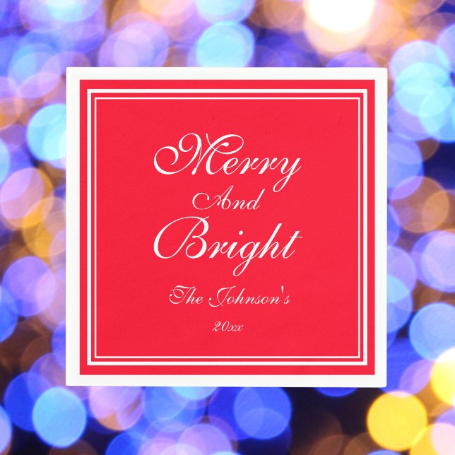 Merry And Bright Christmas Name Holiday Paper Napkin ("Merry And Bright" custom name Christmas holiday paper napkins.)