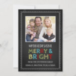 Merry and Bright Christmas Photo Card Chalkboard<br><div class="desc">Merry & bright christmas customisable photo card in colourful,  fun and retro red,  green,  blue,  yellow,  black and white chalkboard pattern. Add your photo and custom text to this card to create a unique christmas greeting this holiday season for friends and family.</div>