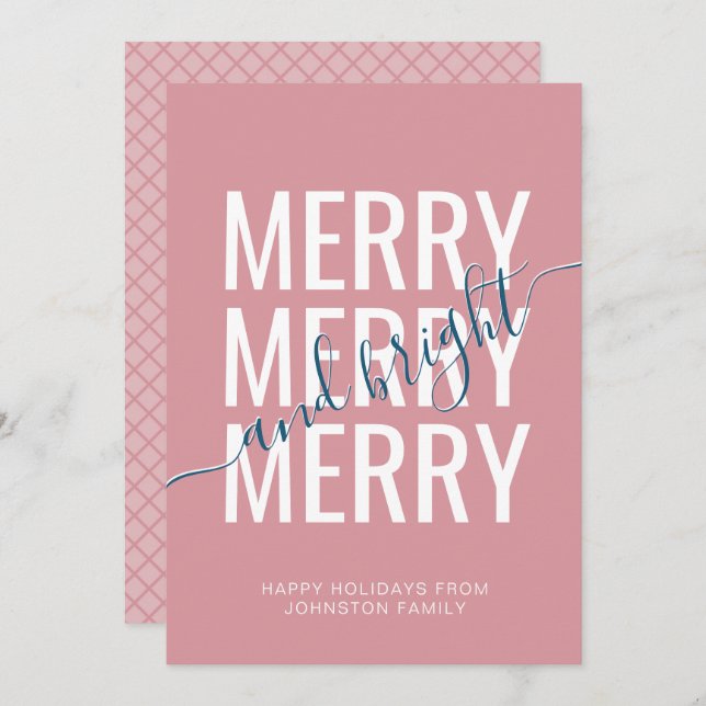 Merry and bright Christmas pink checker pattern Holiday Card (Front/Back)