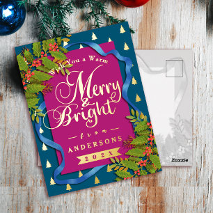 Merry and Bright Christmas Red Blue Foil Holiday Postcard