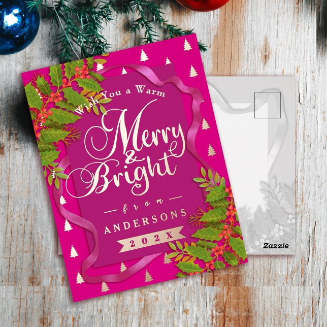 Merry and Bright Christmas Red Foil Holiday Postcard (Merry and Bright Christmas Red Foil Holiday Postcard)