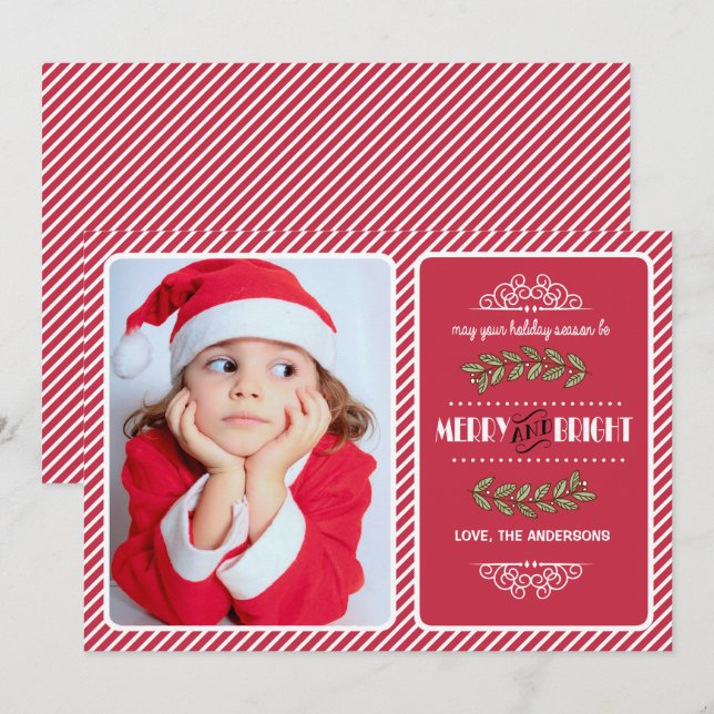 Merry and Bright Christmas. Red Stripes Photo  Holiday Card (Front/Back)