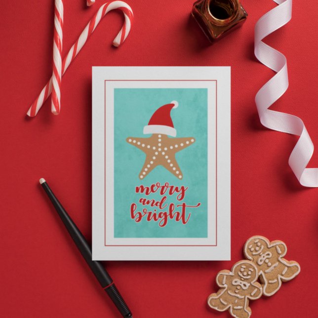 Merry and Bright | Christmas Santa Starfish Holiday Postcard (Creator Uploaded)