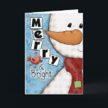 Merry and Bright Christmas Snowman and Red Bird<br><div class="desc">This Christmas design is a digital mixed media painting featuring a cute snowman with a gingham pattern undertone He wears a large carrot nose and a red scarf with a collage of letters and a green patch sewn in place. A little red bird flutters by as if to say hello...</div>