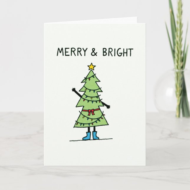 Merry and Bright Christmas Tree Cartoon Card (Front)