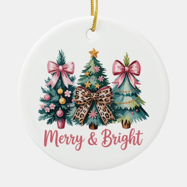 Merry And Bright Christmas Tree Pink Leopard Bow Ceramic Tree Decoration (Front)