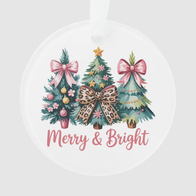 Merry And Bright Christmas Tree Pink Leopard Bow Ornament (Front)
