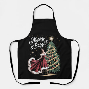 Merry And Bright Christmas Tree Vintage Lady Xmas Apron