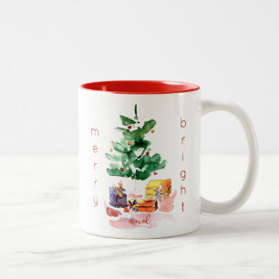 Merry and Bright Christmas Tree Watercolor Two-Tone Coffee Mug