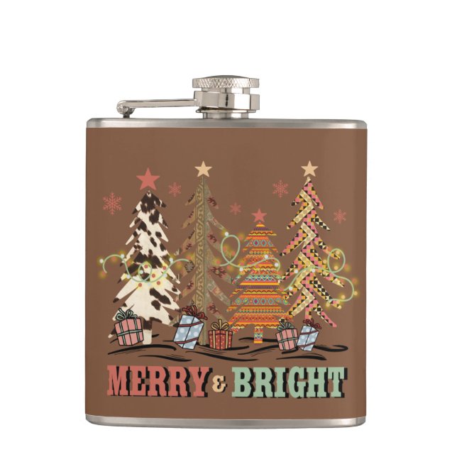 Merry And Bright Christmas Trees Boho Western Hip Flask (Front)