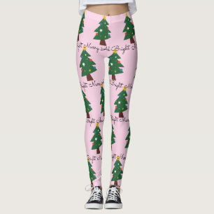 Merry And Bright Christmas Trees On Pink Leggings