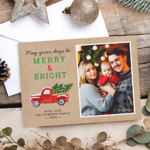 Merry and Bright Christmas Truck Kraft Look Photo Holiday Card