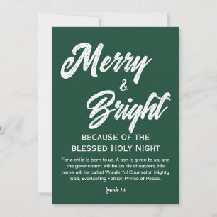 Merry and Bright Christmas White Script Green Holiday Card