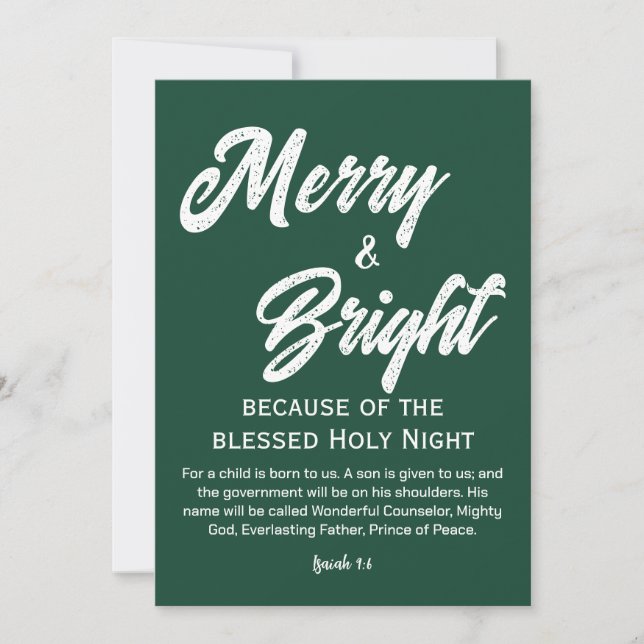 Merry and Bright Christmas White Script Green Holiday Card (Front)