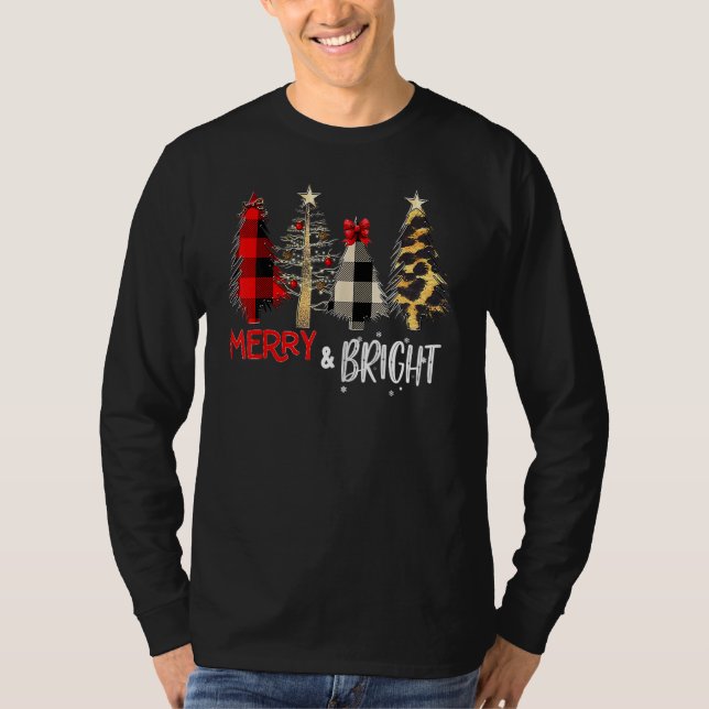 Merry And Bright Christmas Wild Leopard Plaid Tree T-Shirt (Front)