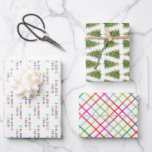 Merry and Bright Christmas Wrapping Paper Sheet<br><div class="desc">Colourful and fun Christmas wrapping paper featuring Christmas trees,  Merry Christmas lettering,  and a festive plaid with fun pops of fuchsia hot pink,  chartreuse lime green,  and joyful red.</div>