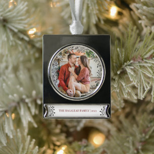 Merry and Bright Christmas Wreath Family Photo Silver Plated Banner Ornament