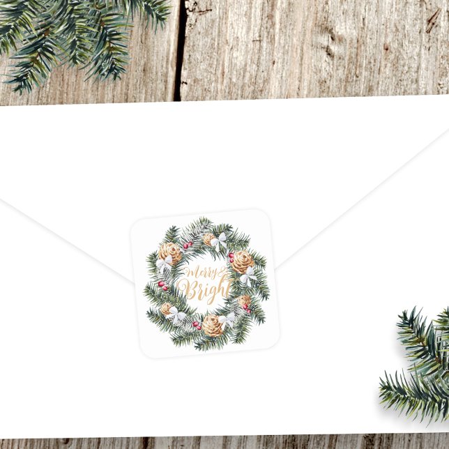Merry and Bright Christmas Wreath Holiday Square Sticker (Creator Uploaded)