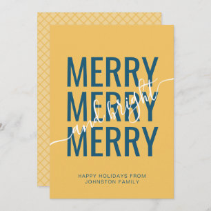 Merry and bright Christmas yellow checker Holiday Card