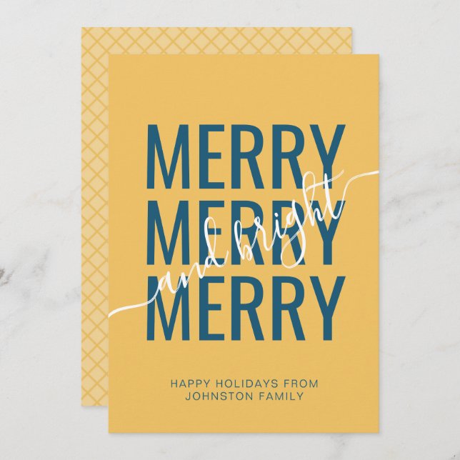 Merry and bright Christmas yellow checker Holiday Card (Front/Back)
