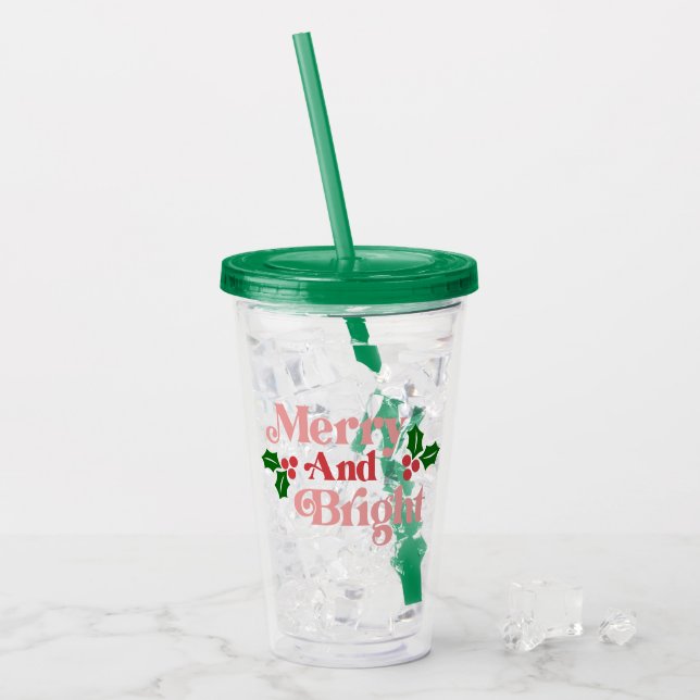 Merry and Bright - Classic Holiday Typography Acrylic Tumbler (Front Ice)