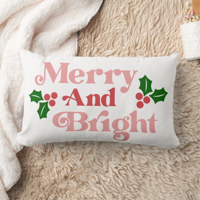 Merry and Bright - Classic Holiday Typography Lumbar Cushion (Blanket)