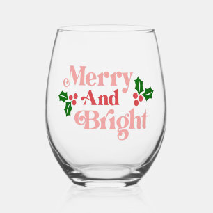 Merry and Bright - Classic Holiday Typography Stemless Wine Glass