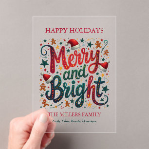 Merry and Bright Colorful Festive Retro Typography Acrylic Invitations