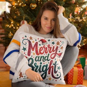 Merry and Bright Colorful Festive Retro Typography Cushion
