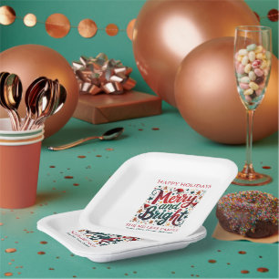 Merry and Bright Colorful Festive Retro Typography Paper Plate