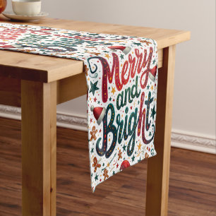 Merry and Bright Colorful Festive Retro Typography Short Table Runner