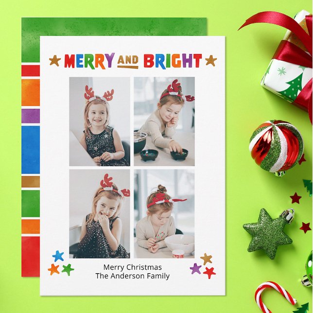 Merry and Bright Colorful Four Photo Christmas Card (Creator Uploaded)