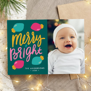 Merry and Bright Colourful Christmas Lights Photo Holiday Card