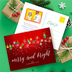 Merry And Bright Colourful Christmas Trees Lights Holiday Postcard