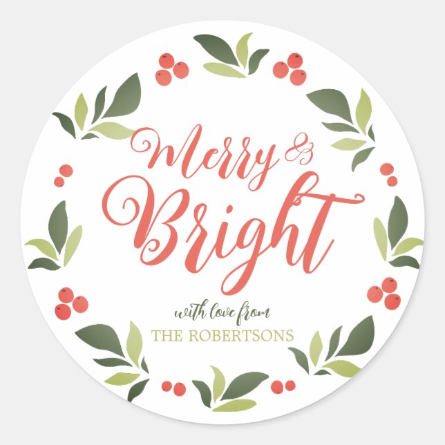 Merry and Bright Colourful Christmas Wreath Sticke Classic Round Sticker (Front)
