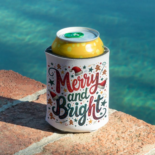 Merry and Bright Colourful Festive Retro Typograph Can Cooler (In Situ Pool)