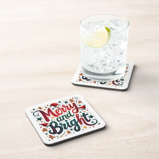 Merry and Bright Colourful Festive Retro Typograph Coaster (Right Side)