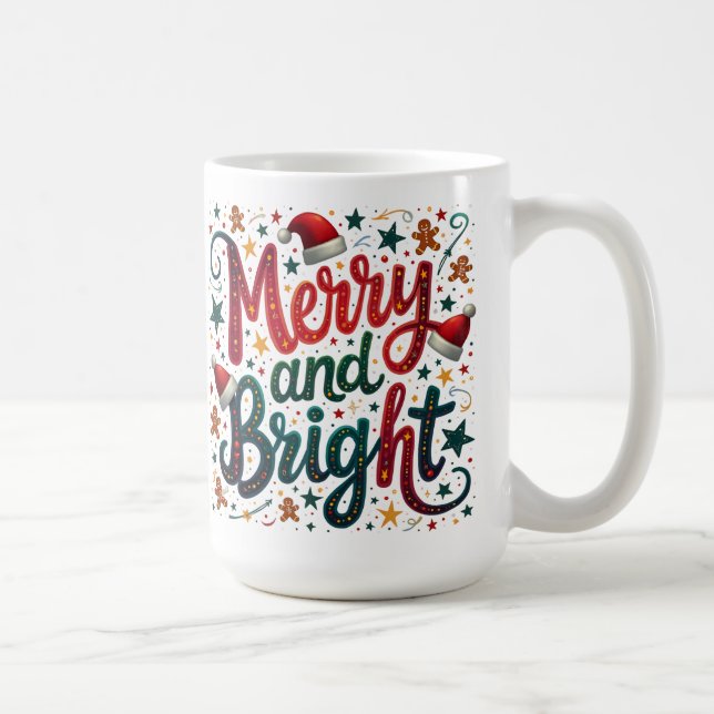 Merry and Bright Colourful Festive Retro Typograph Coffee Mug (Right)
